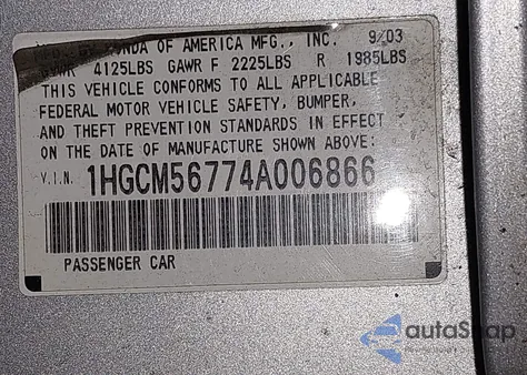 2004 Honda Accord 2.4 Ex из США, поврежденный, VIN 1HGCM56774A006866